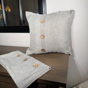 Set of 2 16" Square Farmhouse Pillow Covers — Light Grey with Wooden Buttons